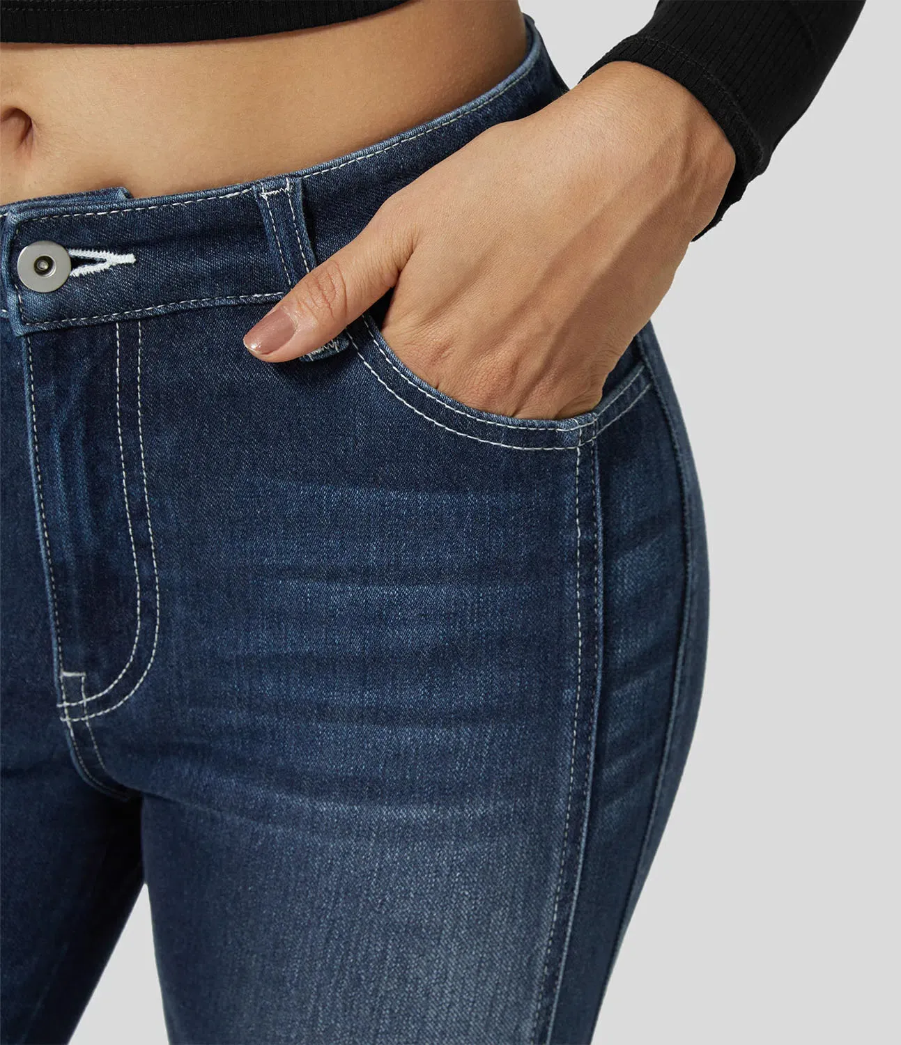 Mid Rise Button Zipper Multiple Pockets Stretchy Knit Casual Skinny Jeans
