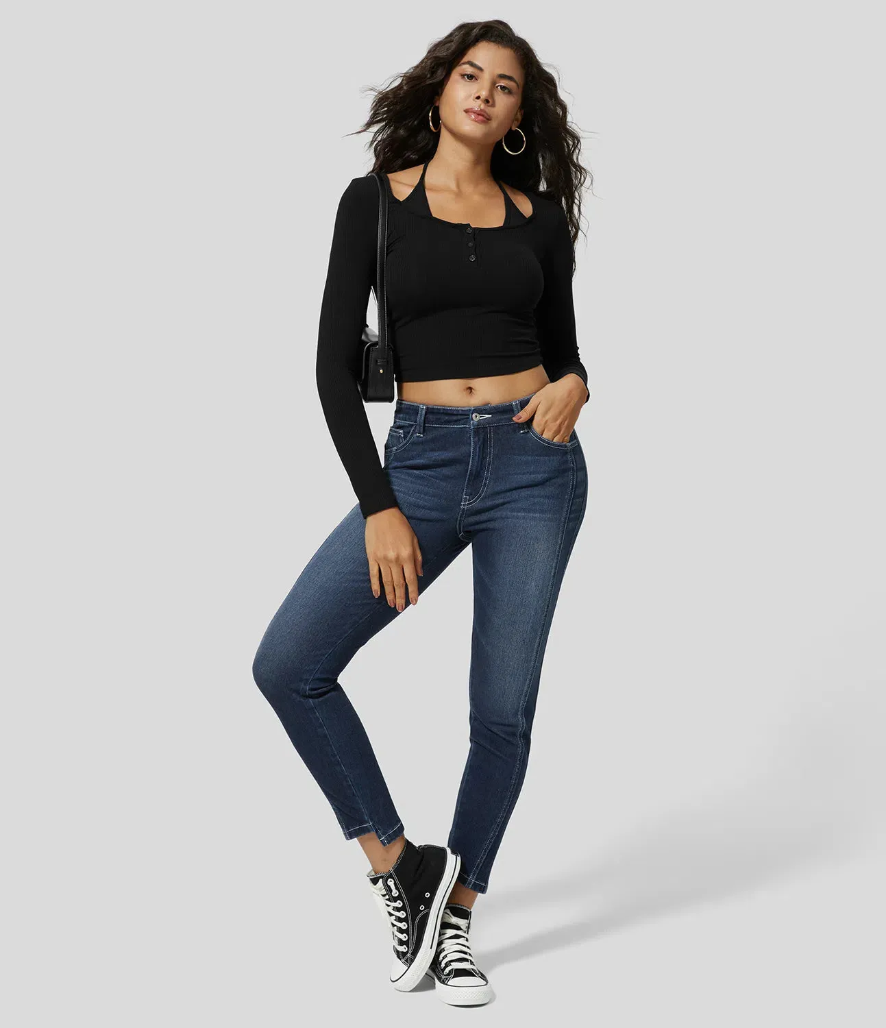 Mid Rise Button Zipper Multiple Pockets Stretchy Knit Casual Skinny Jeans