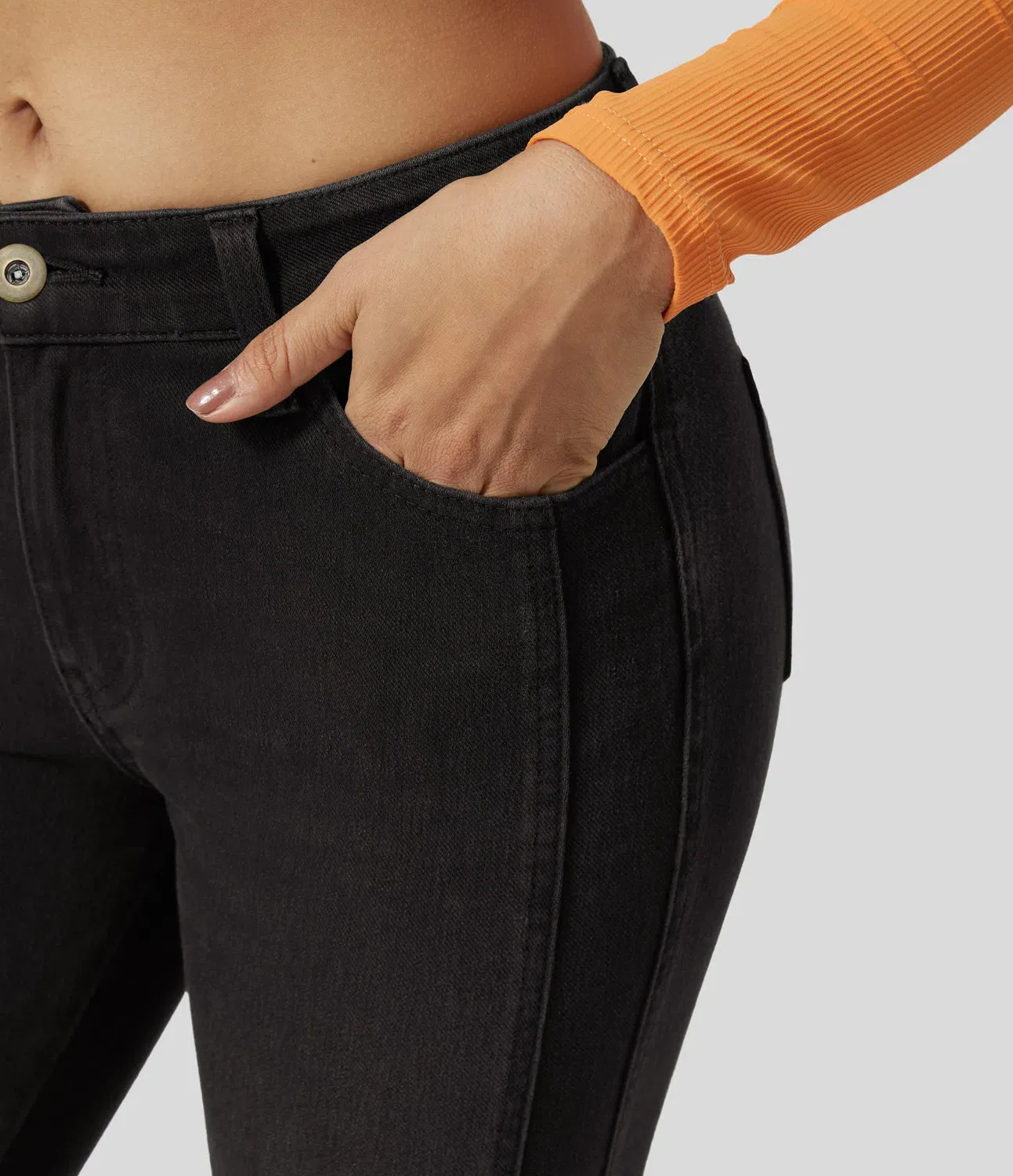 Mid Rise Button Zipper Multiple Pockets Stretchy Knit Casual Skinny Jeans