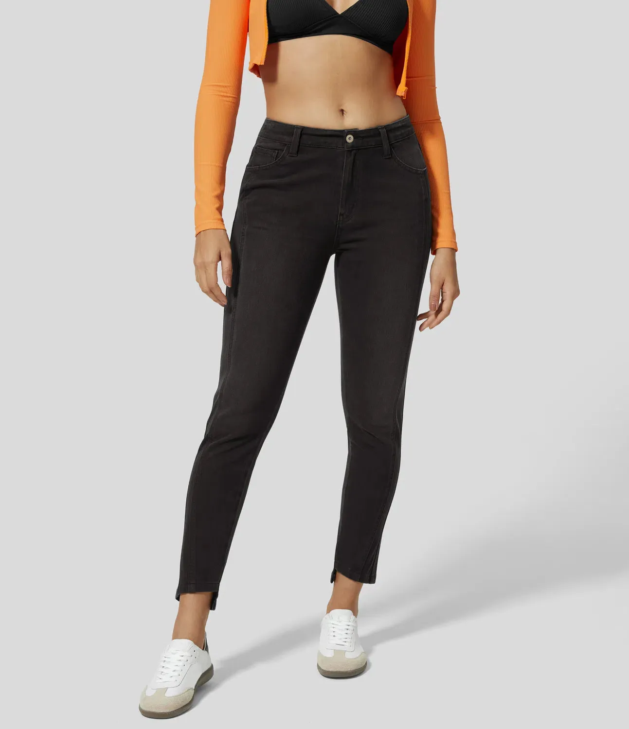 Mid Rise Button Zipper Multiple Pockets Stretchy Knit Casual Skinny Jeans