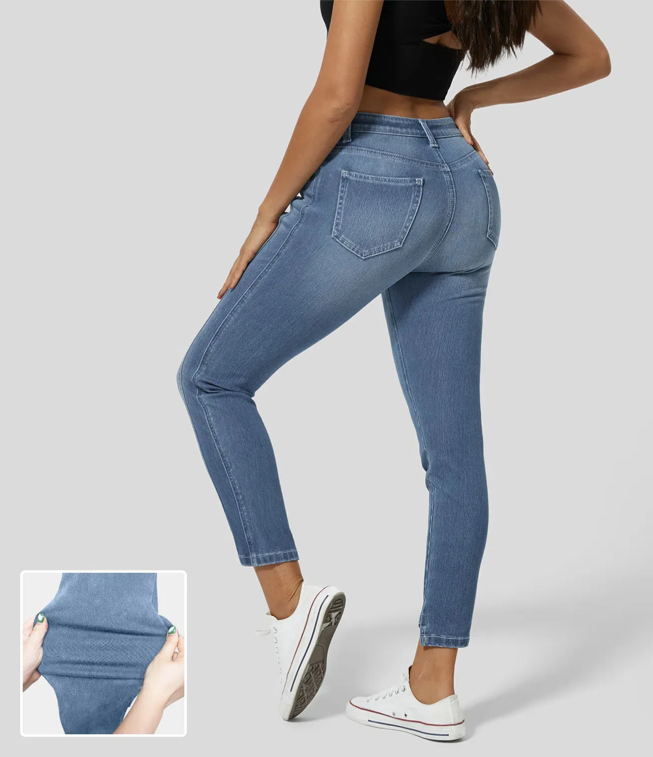 Mid Rise Button Zipper Multiple Pockets Stretchy Knit Casual Skinny Jeans