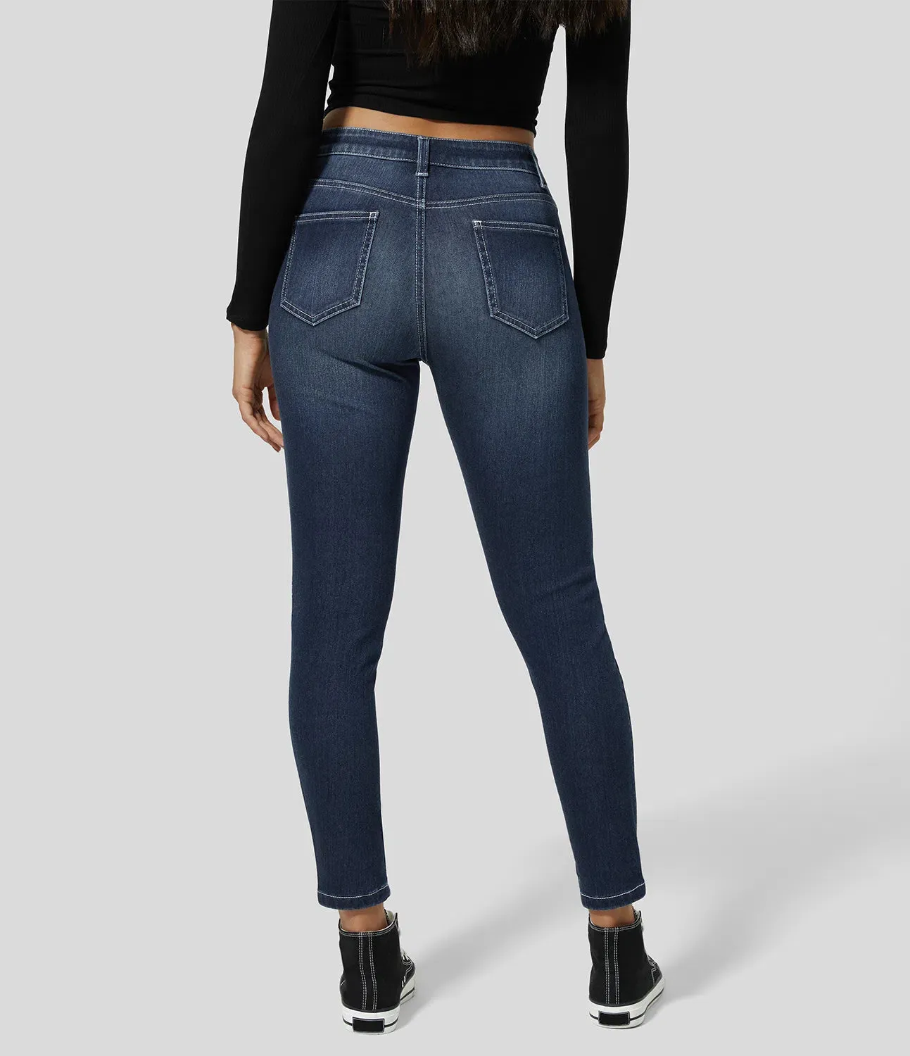 Mid Rise Button Zipper Multiple Pockets Stretchy Knit Casual Skinny Jeans
