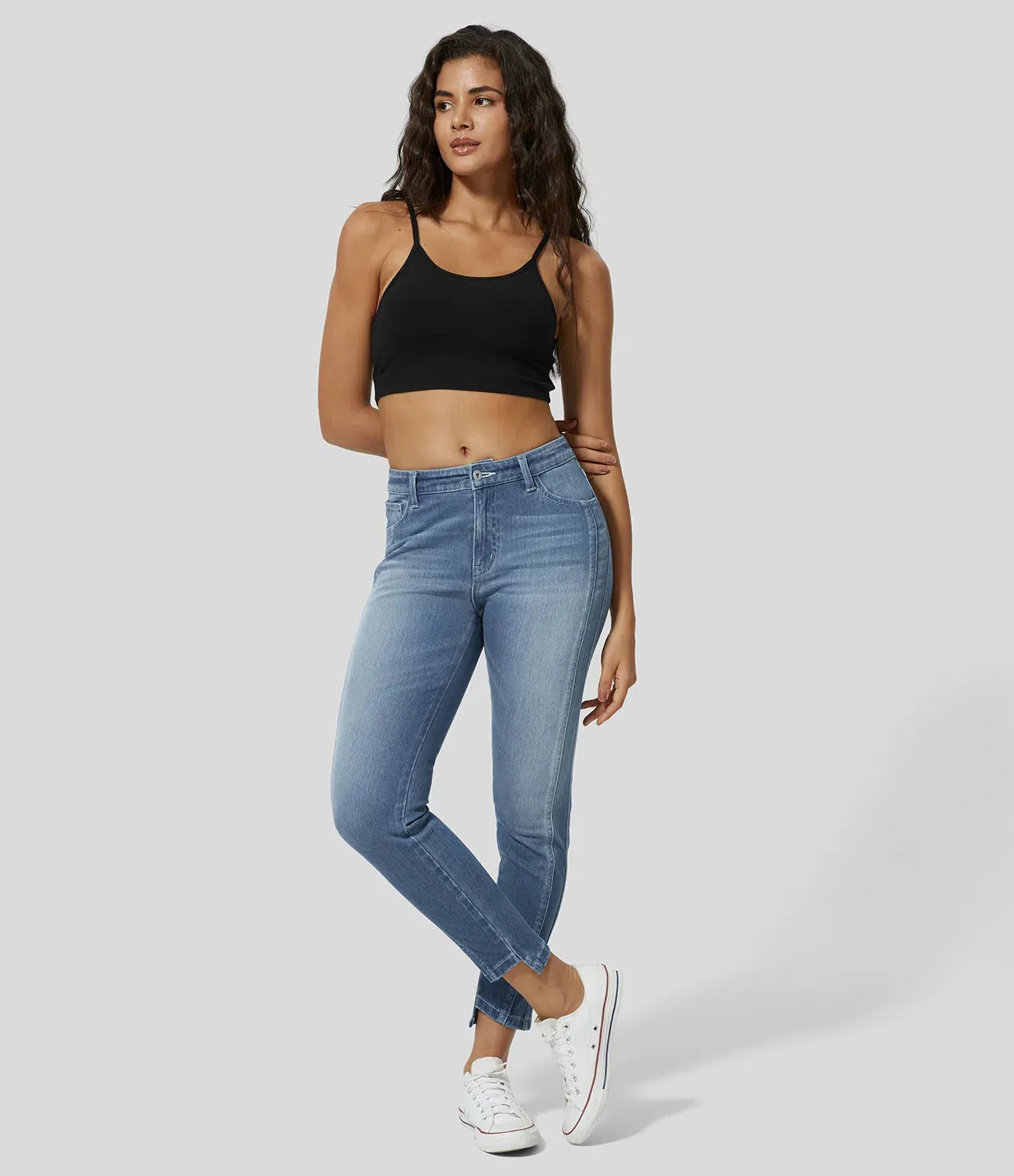 Mid Rise Button Zipper Multiple Pockets Stretchy Knit Casual Skinny Jeans