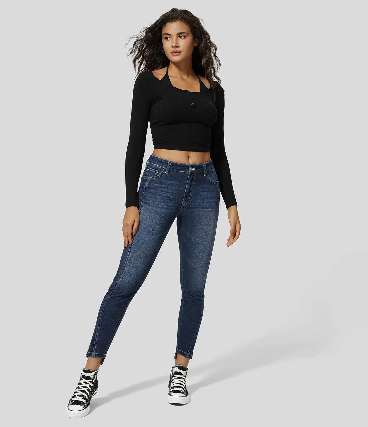Mid Rise Button Zipper Multiple Pockets Stretchy Knit Casual Skinny Jeans