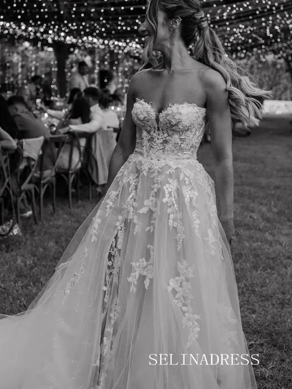 Off-the-shoulder Appliqued Beach Wedding Dress Rustic Lace Bridal Gowns TKL3038