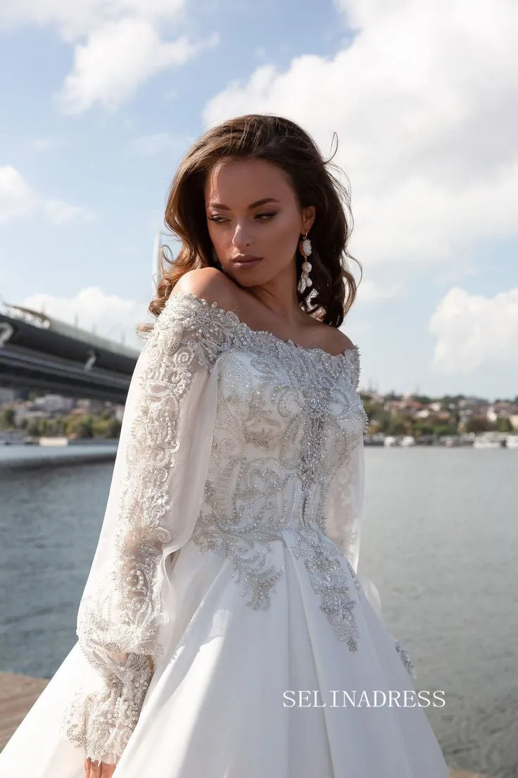 Off-the-shoulder Beaded Long Sleeve White Wedding Dresses Bridal Gowns SEW0188