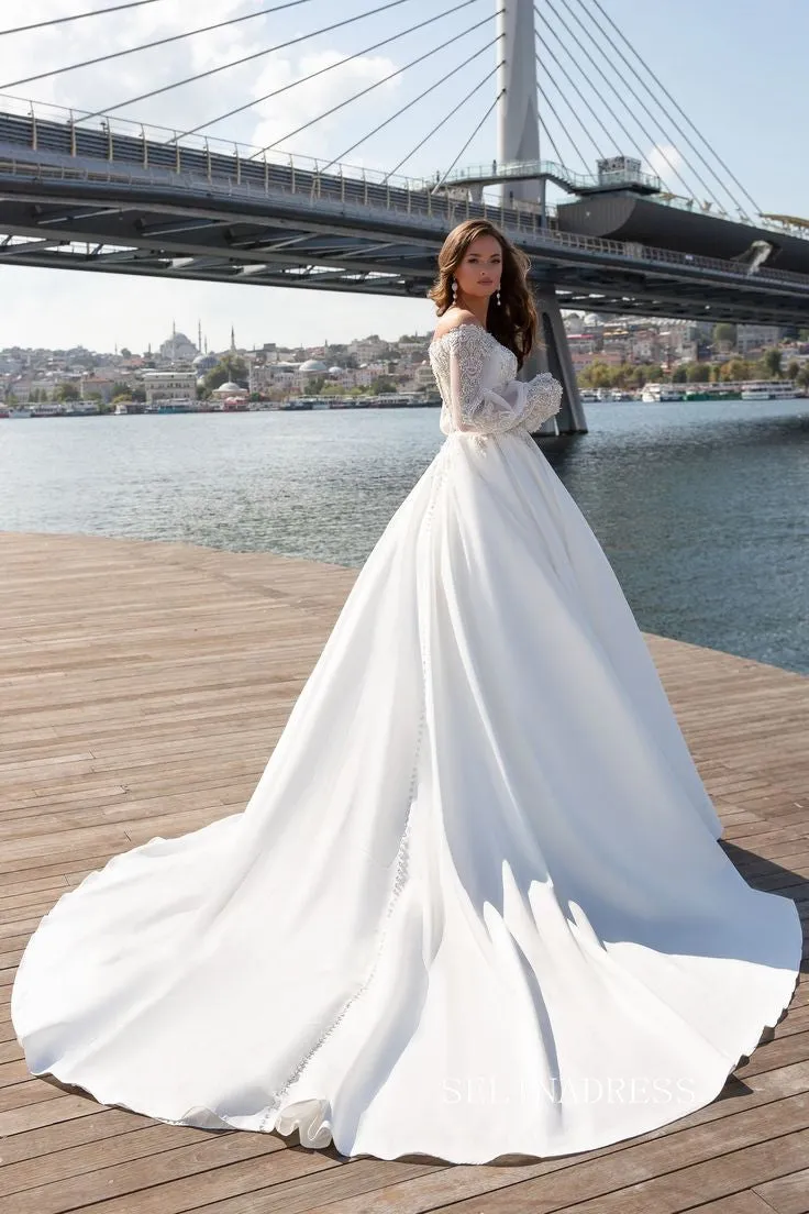 Off-the-shoulder Beaded Long Sleeve White Wedding Dresses Bridal Gowns SEW0188