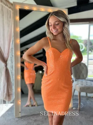 Orange Spaghetti Straps Short Homecoming Dresses Sequins Mini Cocktail Dresses #EWR158