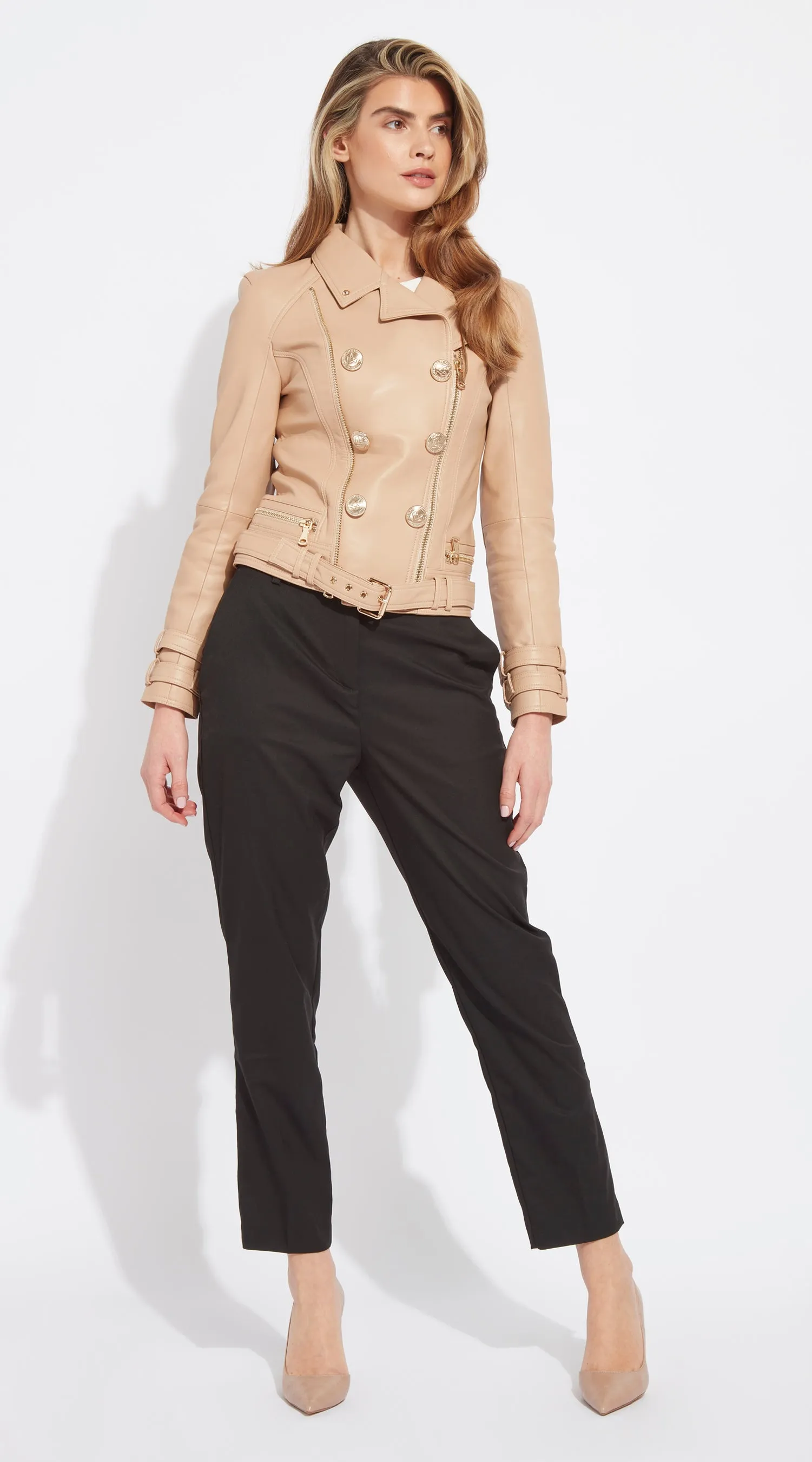 OUTLET Luxy Double-Breasted Leather Biker - Nude