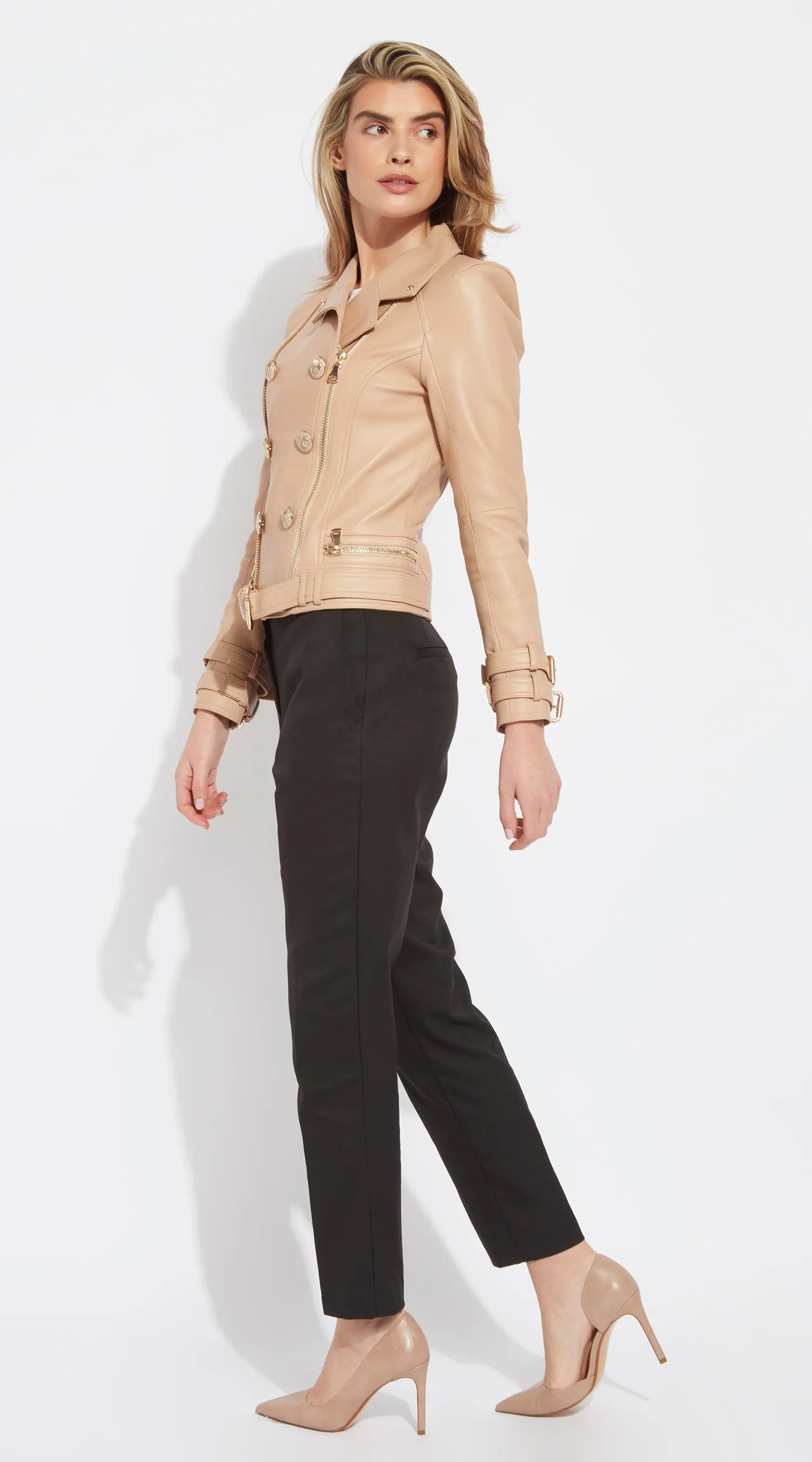 OUTLET Luxy Double-Breasted Leather Biker - Nude