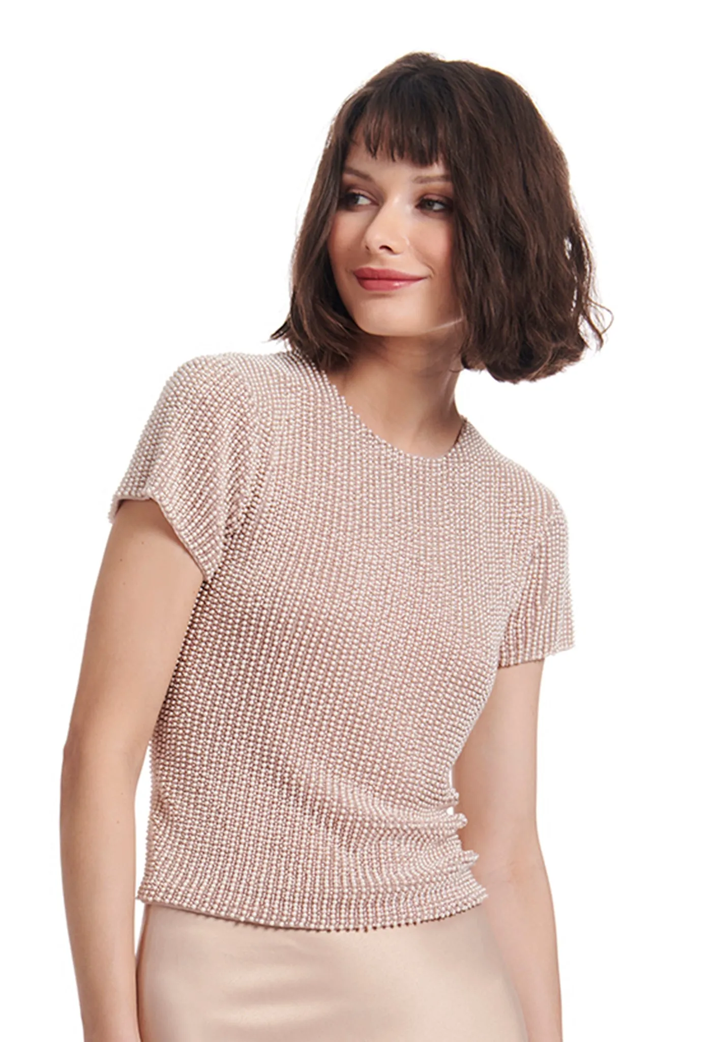 PEARL ENCRUSTED SHORT SLEEVE TEE OYSTER