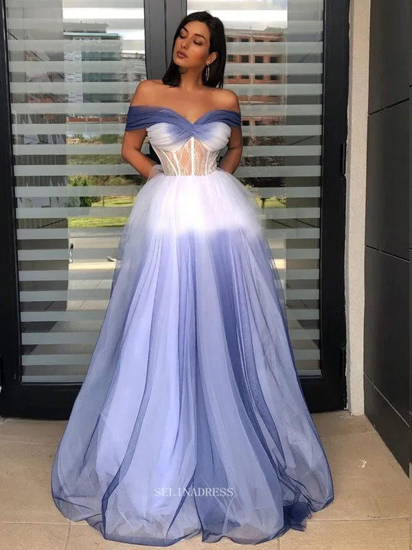 Simple Off-the-shoulder Ombre Long Prom Dresses Blue Evening Dress Formal Dresses POL001