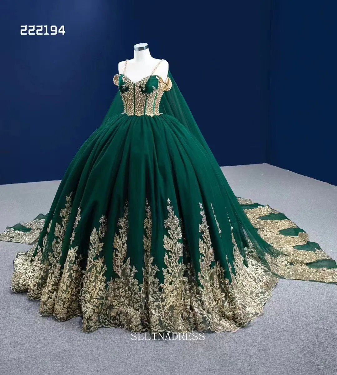 Spaghetti Straps Dark Green Prom Dress Ball Gown Beaded Pageant Dress RSM222194