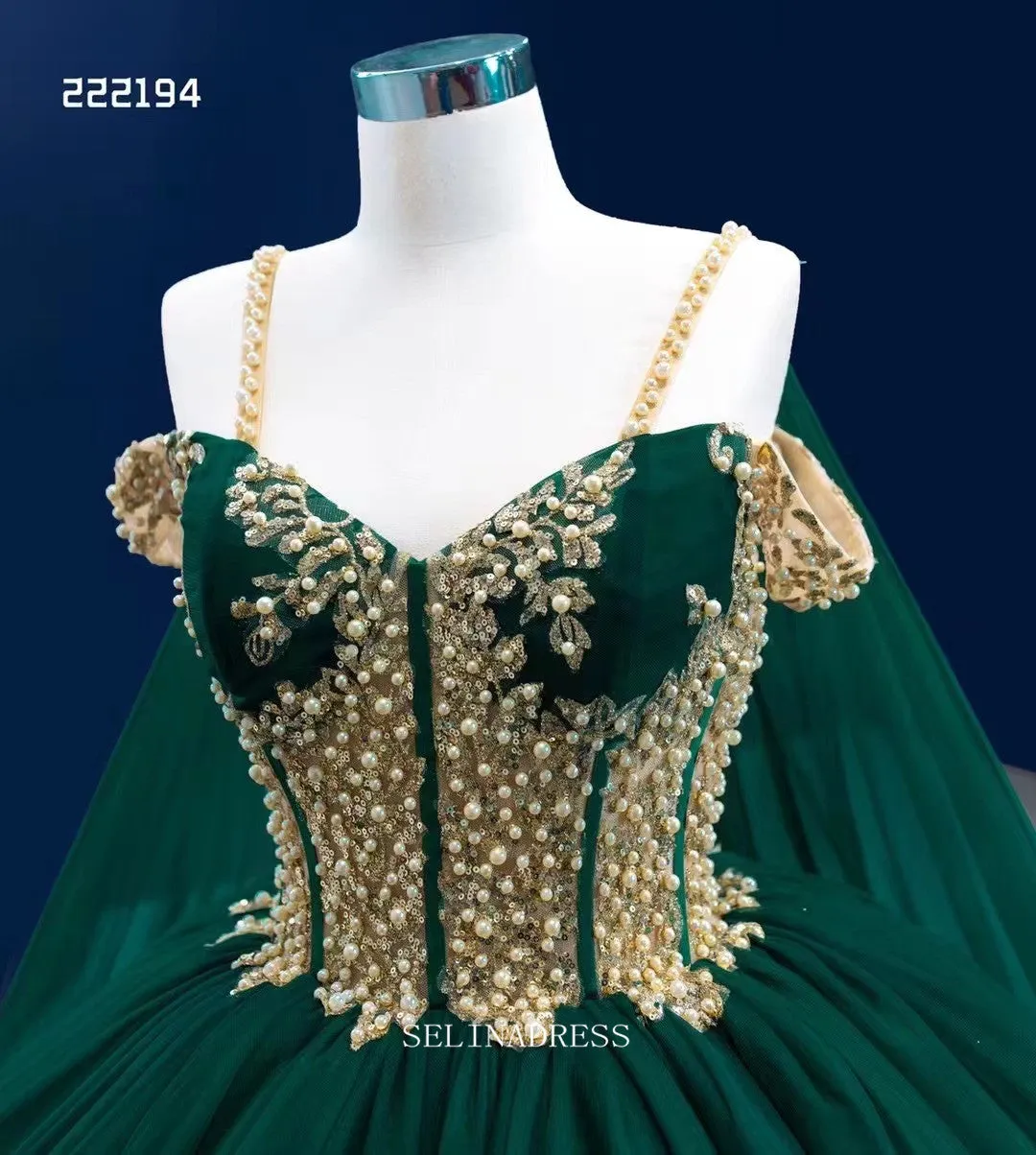 Spaghetti Straps Dark Green Prom Dress Ball Gown Beaded Pageant Dress RSM222194