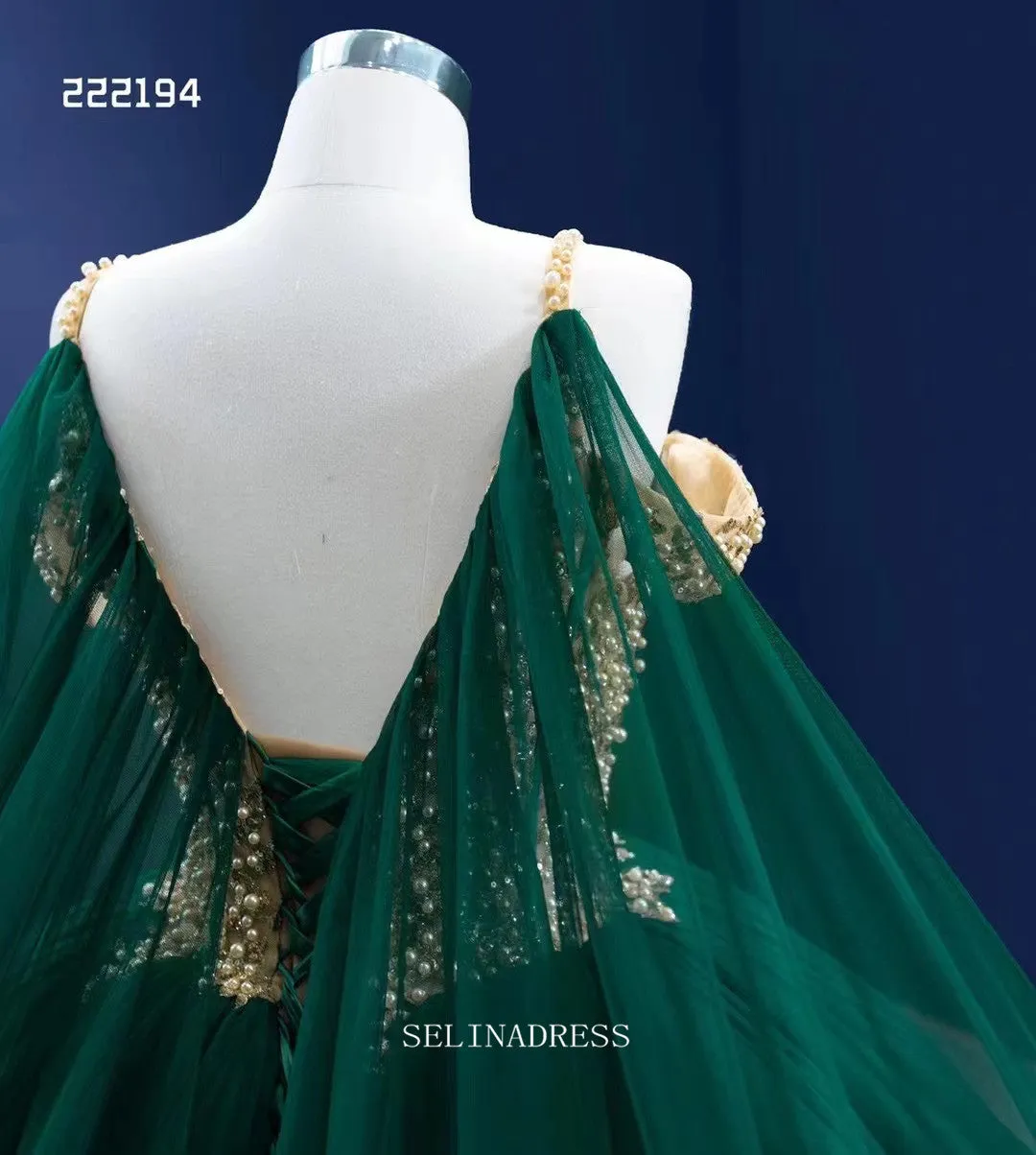 Spaghetti Straps Dark Green Prom Dress Ball Gown Beaded Pageant Dress RSM222194