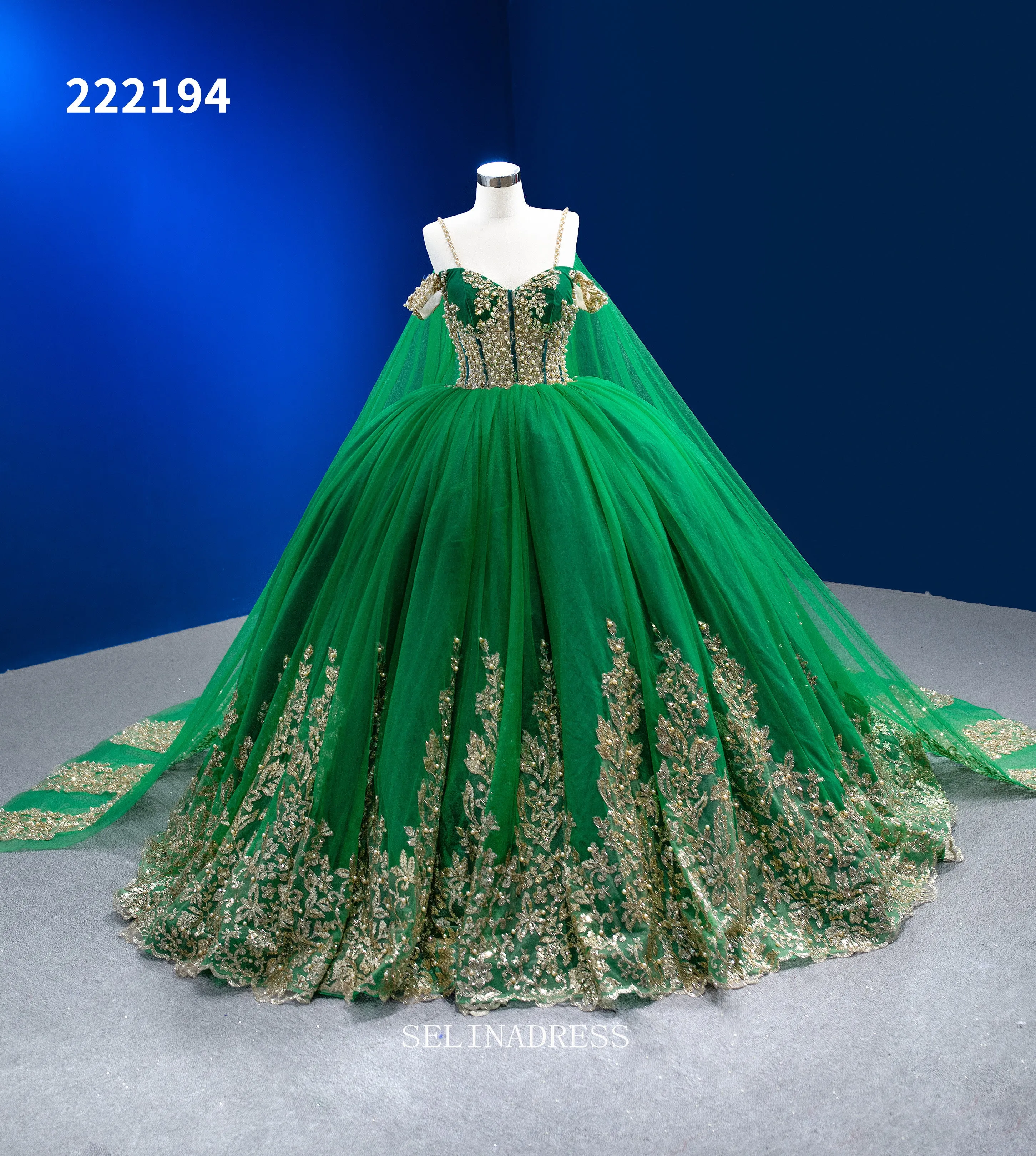 Spaghetti Straps Dark Green Prom Dress Ball Gown Beaded Pageant Dress RSM222194