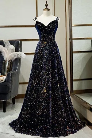 Sparkly A Line Spaghetti Straps Lace Up Back Long Prom Dresses Evening Party Dresses