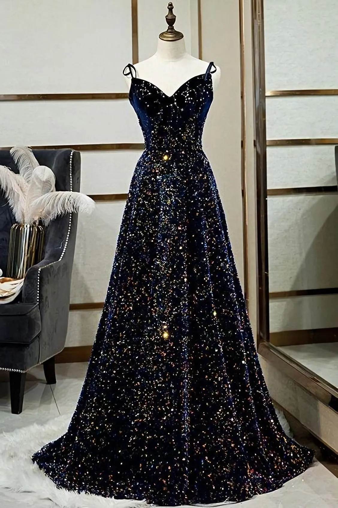 Sparkly A Line Spaghetti Straps Lace Up Back Long Prom Dresses Evening Party Dresses