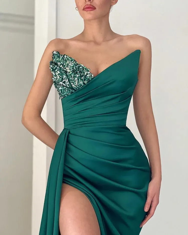 Strapless V neck Mermaid Prom Dress Satin Dark Green Cheap Evening Gowns #POL027