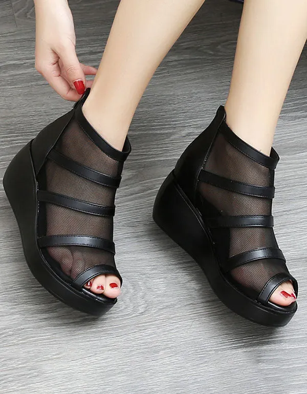 Summer Mesh Fish-toe Ankle Wedge Sandals