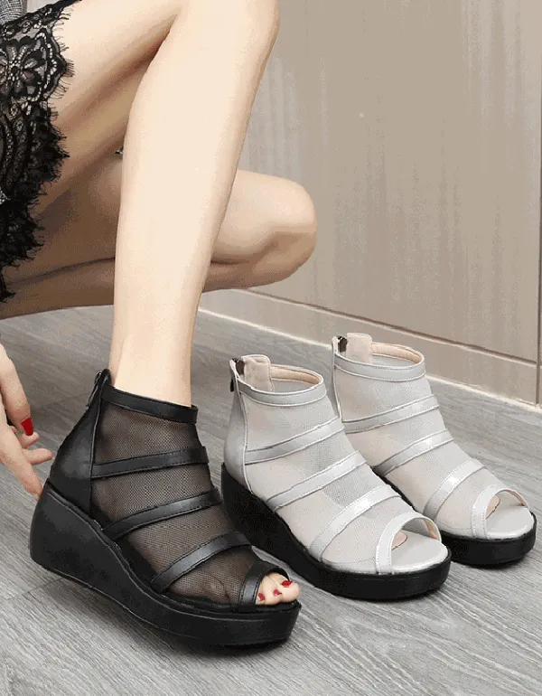 Summer Mesh Fish-toe Ankle Wedge Sandals
