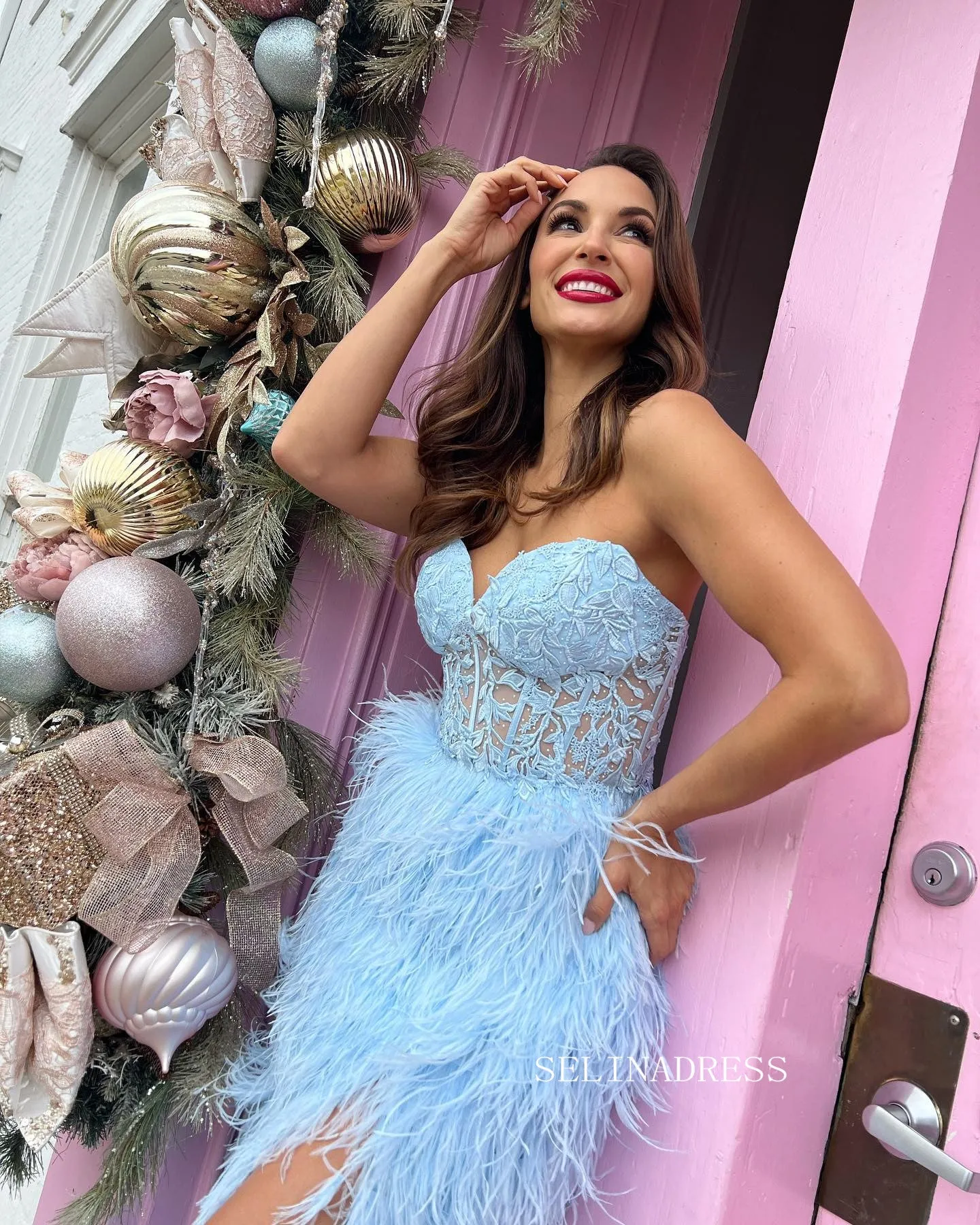 Sweetheart Lace Feather Long Prom Dress Elegant Pagaent Dress Evening Dress #JKP006