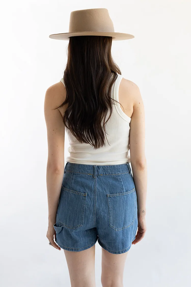 Trouser Denim Shorts with Tan Stitching