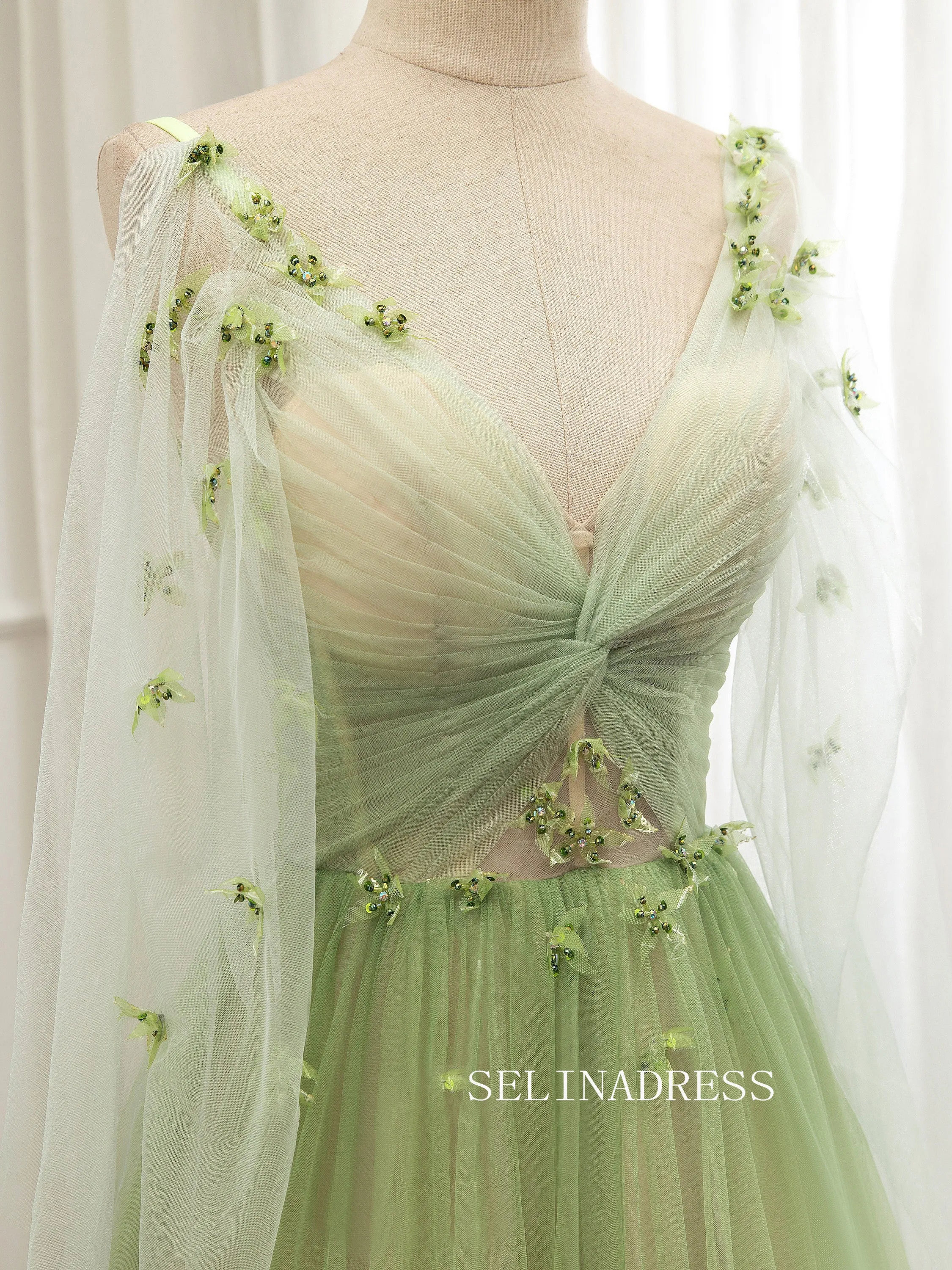 V neck A-line Ombre Prom Dress With Long Sleeve Elegant Evening Dress Party Dress #JKW002