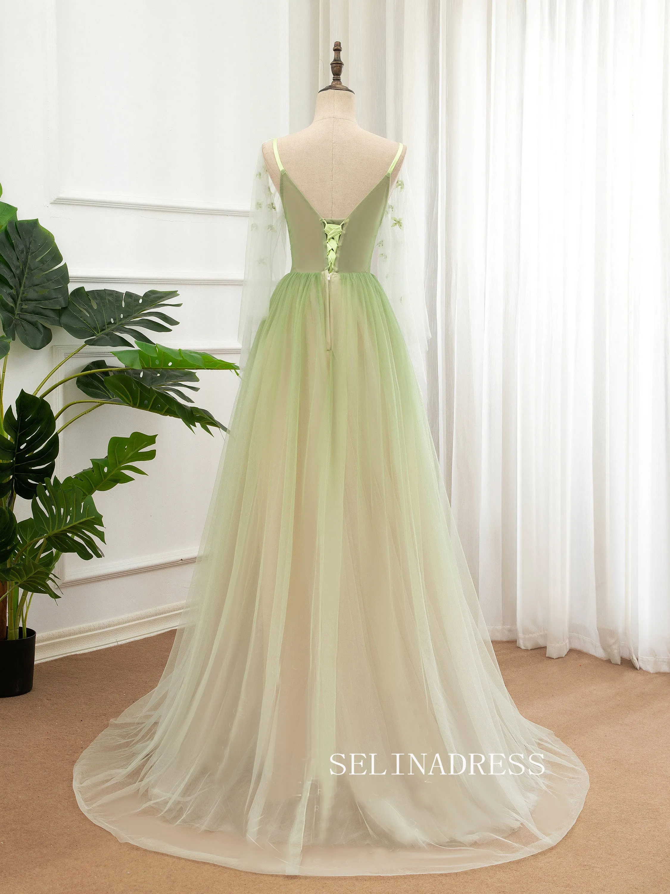 V neck A-line Ombre Prom Dress With Long Sleeve Elegant Evening Dress Party Dress #JKW002