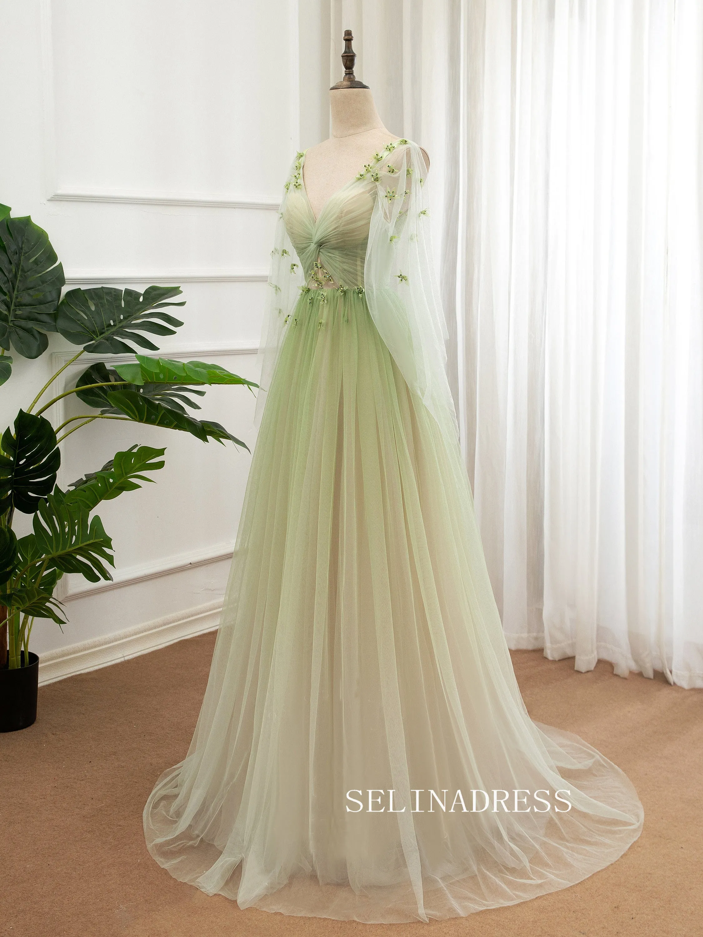 V neck A-line Ombre Prom Dress With Long Sleeve Elegant Evening Dress Party Dress #JKW002
