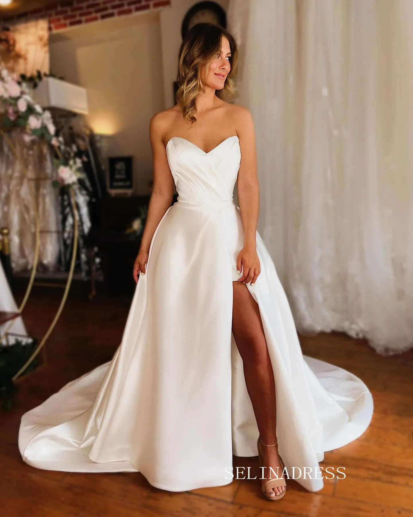 White Sweetheart Simple Cheap Satin Wedding Dress With Slit EWR393