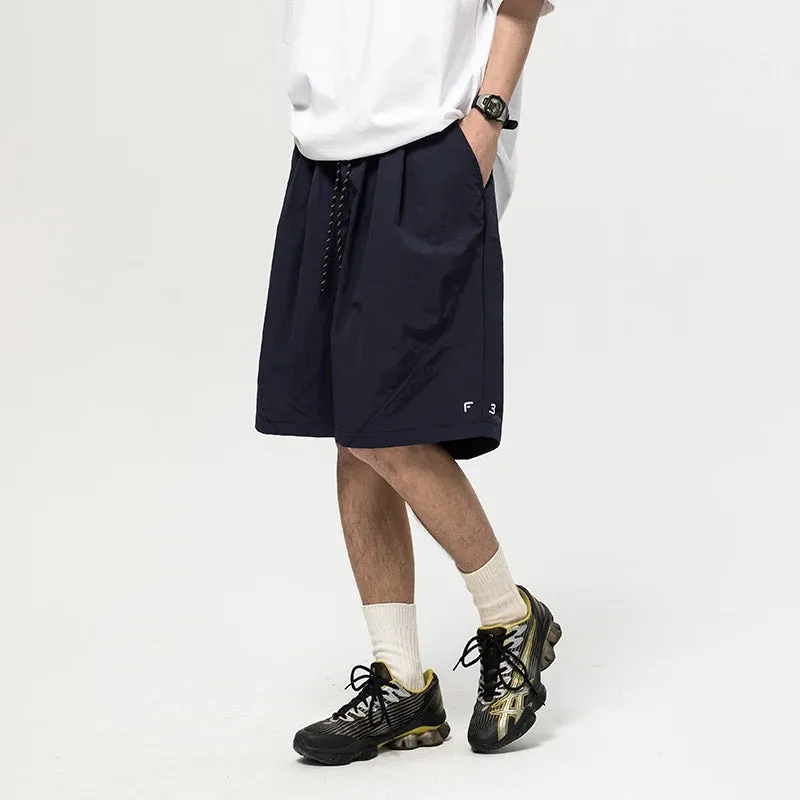 Wiaofellas  -   Summer Thin Embroidered Loose Sports Shorts Men's Japan fashion Simple Drawstring Wrinkle Feeling Cargo Quick-Drng Shorts